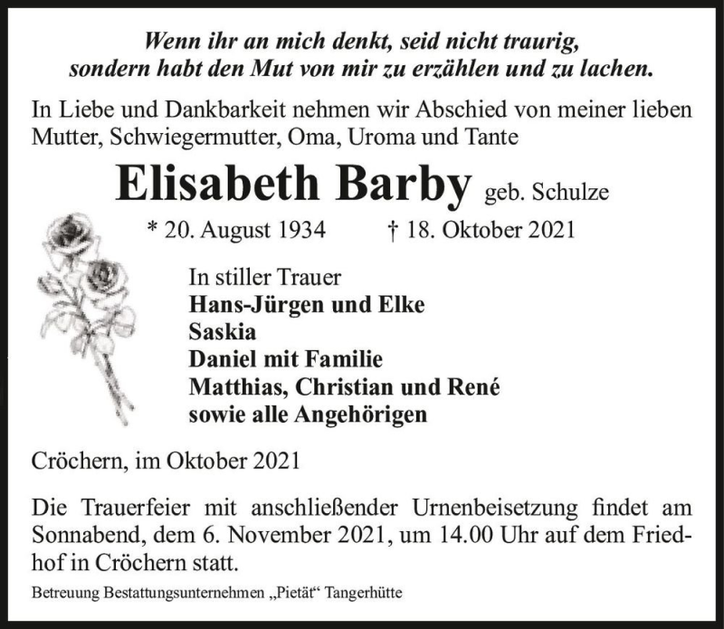  Traueranzeige für Elisabeth Barby (geb. Schulze)  vom 30.10.2021 aus Magdeburger Volksstimme