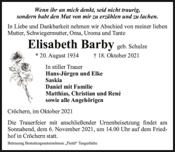 Traueranzeige von Elisabeth Barby (geb. Schulze)  von Magdeburger Volksstimme