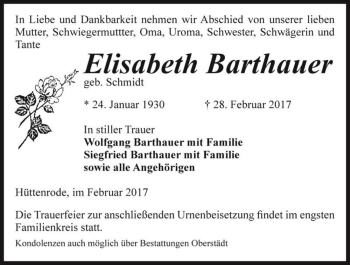 Traueranzeige von Elisabeth Barthauer (geb. Schmidt)  von Magdeburger Volksstimme