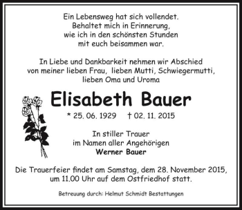 Traueranzeige von Elisabeth Bauer  von Magdeburger Volksstimme