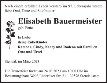 Traueranzeige von Elisabeth Bauermeister (geb. Fette)  von Magdeburger Volksstimme