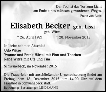 Traueranzeige von Elisabeth Becker (gen. Lissi, geb. Witze)  von Magdeburger Volksstimme