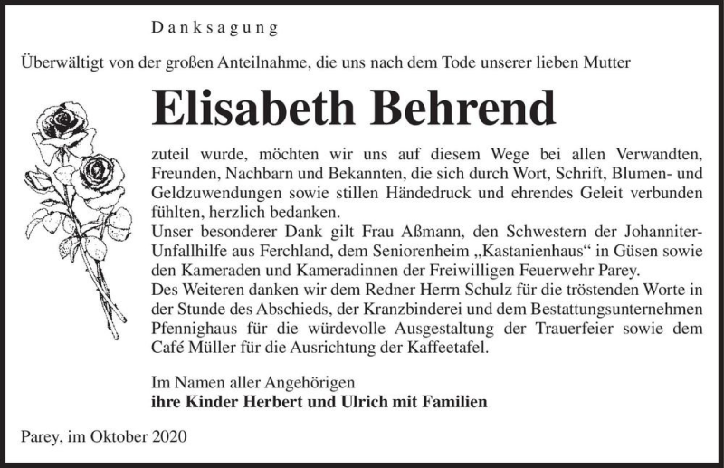 Traueranzeige für Elisabeth Behrend  vom 17.10.2020 aus Magdeburger Volksstimme