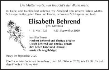 Traueranzeige von Elisabeth Behrend (geb. Kaminski)  von Magdeburger Volksstimme
