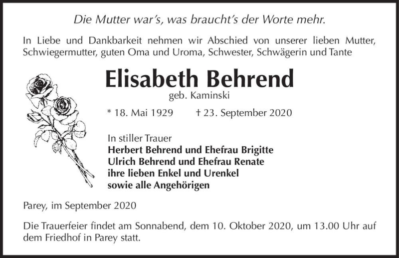  Traueranzeige für Elisabeth Behrend (geb. Kaminski)  vom 26.09.2020 aus Magdeburger Volksstimme
