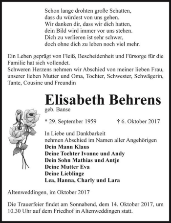 Traueranzeige von Elisabeth Behrens (geb. Banse)  von Magdeburger Volksstimme