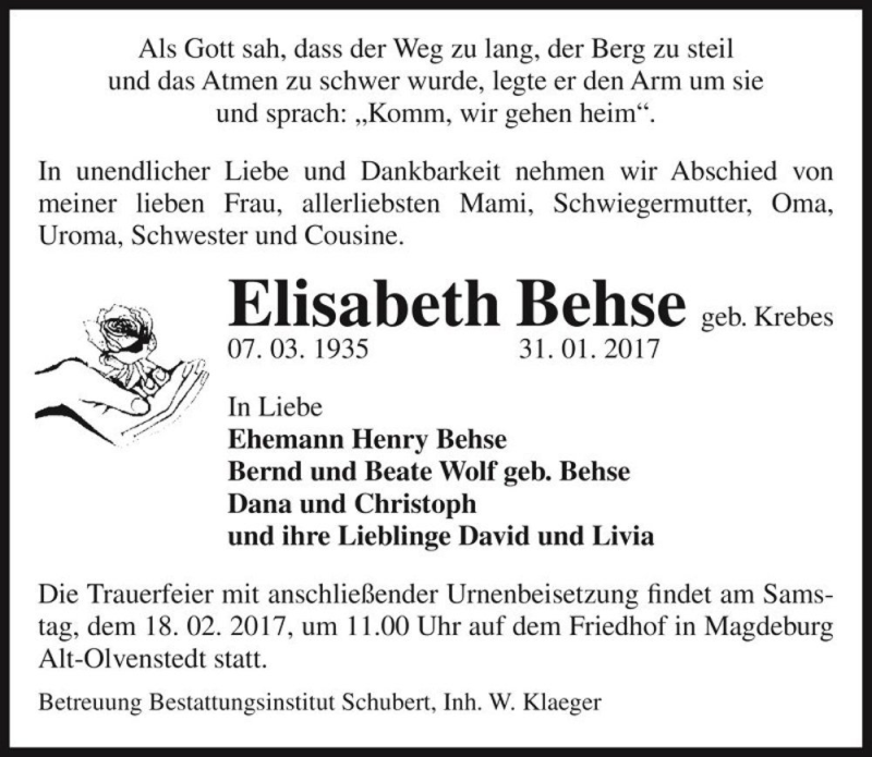  Traueranzeige für Elisabeth Behse (geb. Krebes)  vom 11.02.2017 aus Magdeburger Volksstimme