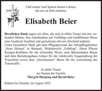 Traueranzeige von Elisabeth Beier  von Magdeburger Volksstimme