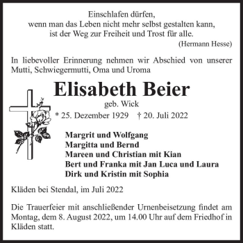 Traueranzeige von Elisabeth Beier (geb. Wick)  von Magdeburger Volksstimme