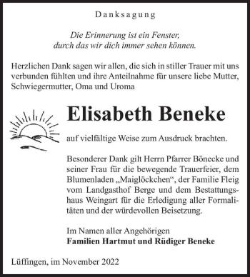 Traueranzeige von Elisabeth Beneke  von Magdeburger Volksstimme