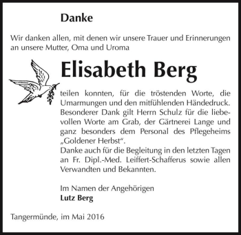 Traueranzeige von Elisabeth Berg  von Magdeburger Volksstimme