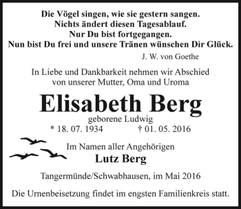 Traueranzeige von Elisabeth Berg (geb. Ludwig)  von Magdeburger Volksstimme