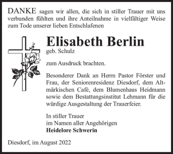 Traueranzeige von Elisabeth Berlin (geb. Schulz)  von Magdeburger Volksstimme