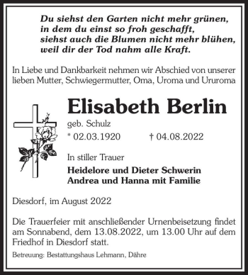 Traueranzeige von Elisabeth Berlin (geb. Schulz)  von Magdeburger Volksstimme