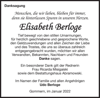 Traueranzeige von Elisabeth Berloge  von Magdeburger Volksstimme