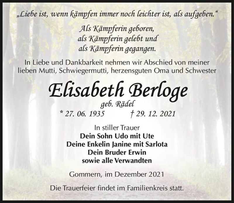  Traueranzeige für Elisabeth Berloge (geb. Rädel)  vom 08.01.2022 aus Magdeburger Volksstimme