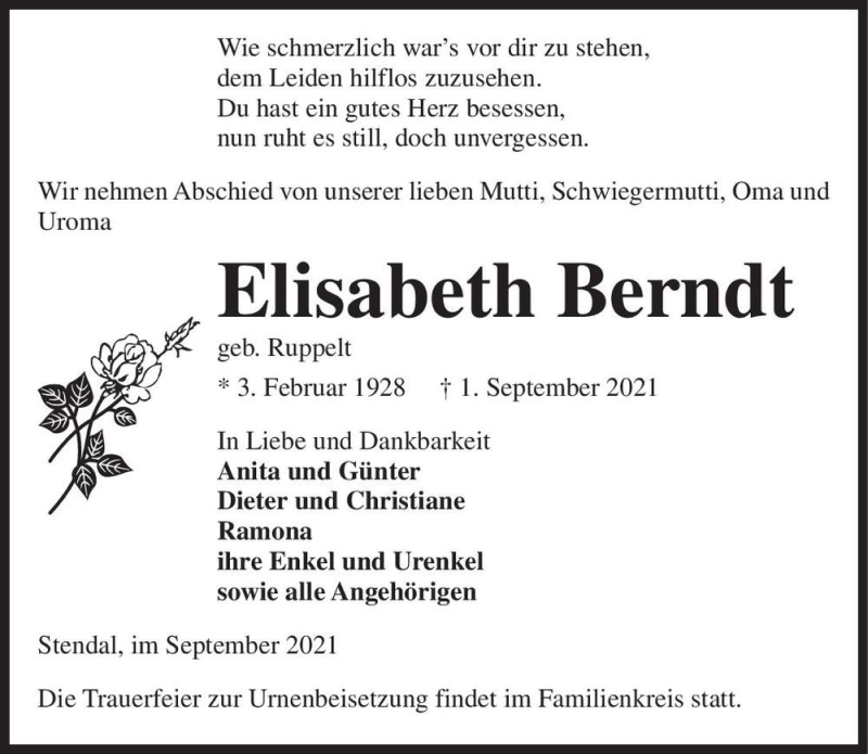  Traueranzeige für Elisabeth Berndt (geb. Ruppelt)  vom 15.09.2021 aus Magdeburger Volksstimme
