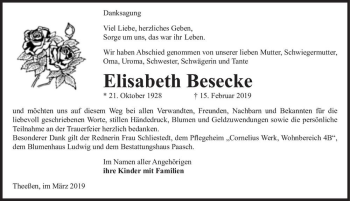 Traueranzeige von Elisabeth Besecke  von Magdeburger Volksstimme