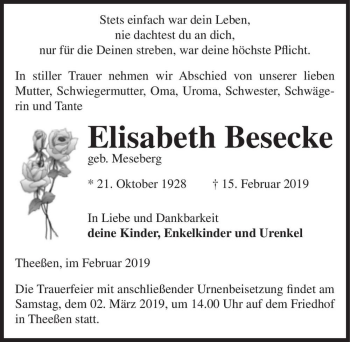 Traueranzeige von Elisabeth Besecke (geb. Meseberg)  von Magdeburger Volksstimme