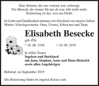 Traueranzeige von Elisabeth Besecke (geb. Pilz)  von Magdeburger Volksstimme