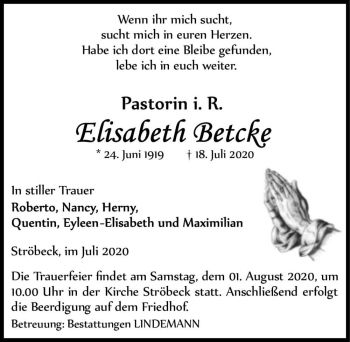 Traueranzeige von Elisabeth Betcke  von Magdeburger Volksstimme