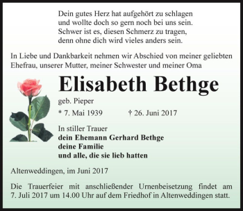 Traueranzeige von Elisabeth Bethge (geb. Pieper)  von Magdeburger Volksstimme