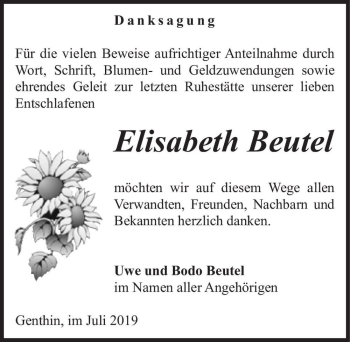 Traueranzeige von Elisabeth Beutel  von Magdeburger Volksstimme