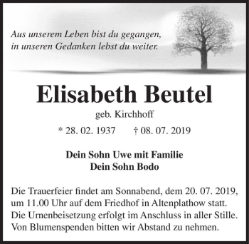Traueranzeige von Elisabeth Beutel (geb. Kirchhoff)  von Magdeburger Volksstimme