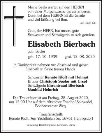 Traueranzeige von Elisabeth Bierbach (geb. Seeler)  von Magdeburger Volksstimme