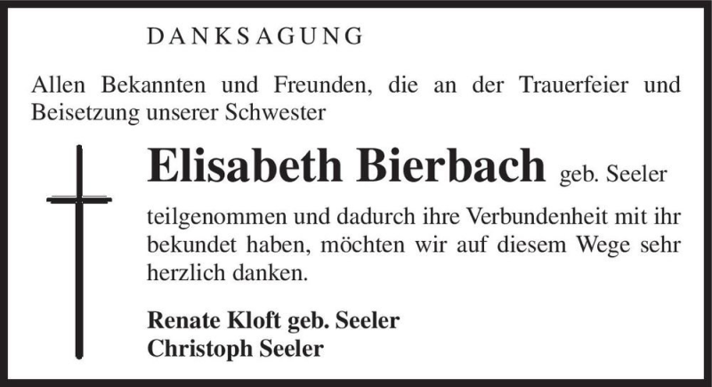  Traueranzeige für Elisabeth Bierbach (geb. Seeler)  vom 04.09.2020 aus Magdeburger Volksstimme