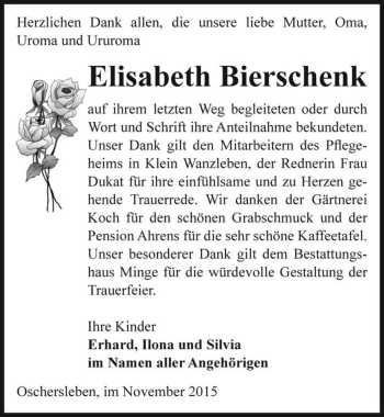 Traueranzeige von Elisabeth Bierschenk  von Magdeburger Volksstimme