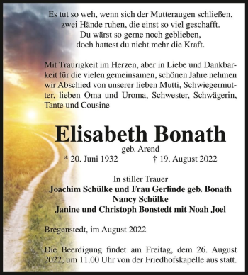 Traueranzeige von Elisabeth Bonath (geb. Arend)  von Magdeburger Volksstimme