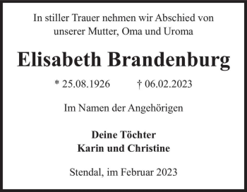 Traueranzeige von Elisabeth Brandenburg  von Magdeburger Volksstimme