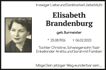 Traueranzeige von Elisabeth Brandenburg (geb. Burmeister)  von Magdeburger Volksstimme