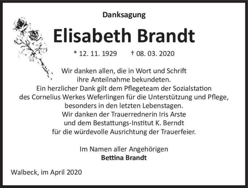  Traueranzeige für Elisabeth Brandt  vom 11.04.2020 aus Magdeburger Volksstimme