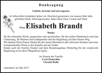 Traueranzeige von Elisabeth Brandt  von Magdeburger Volksstimme