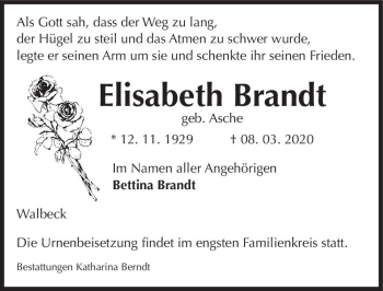 Traueranzeige von Elisabeth Brandt (geb. Asche)  von Magdeburger Volksstimme
