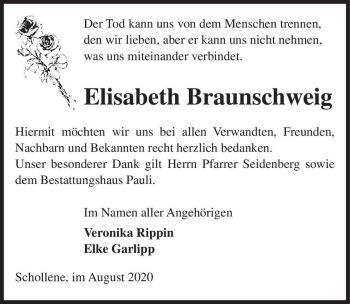 Traueranzeige von Elisabeth Braunschweig  von Magdeburger Volksstimme