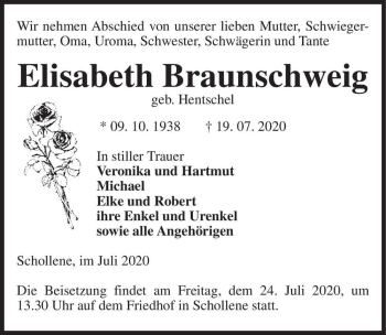 Traueranzeige von Elisabeth Braunschweig (geb. Hentschel)  von Magdeburger Volksstimme