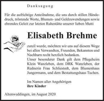 Traueranzeige von Elisabeth Brehme  von Magdeburger Volksstimme