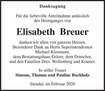 Traueranzeige von Elisabeth Breuer  von Magdeburger Volksstimme