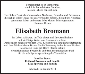 Traueranzeige von Elisabeth Bromann  von Magdeburger Volksstimme