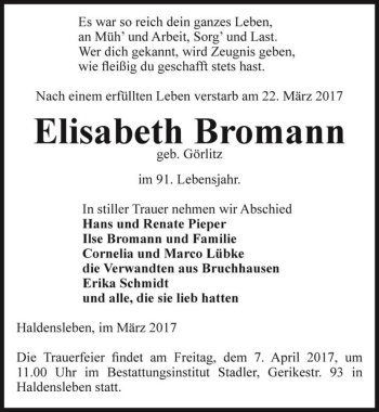 Traueranzeige von Elisabeth Bromann (geb. Görlitz)  von Magdeburger Volksstimme
