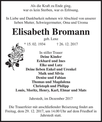Traueranzeige von Elisabeth Bromann (geb. Lenz)  von Magdeburger Volksstimme