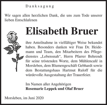Traueranzeige von Elisabeth Bruer  von Magdeburger Volksstimme