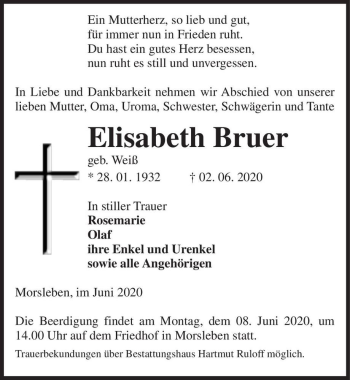 Traueranzeige von Elisabeth Bruer (geb. Weiß)  von Magdeburger Volksstimme