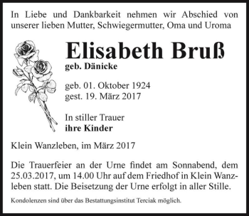 Traueranzeige von Elisabeth Bruß (geb. Dänicke)  von Magdeburger Volksstimme