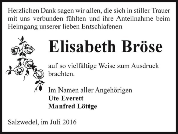 Traueranzeige von Elisabeth Bröse  von Magdeburger Volksstimme