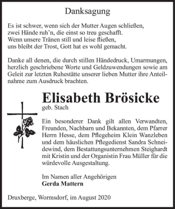Traueranzeige von Elisabeth Brösicke (geb. Stach)  von Magdeburger Volksstimme