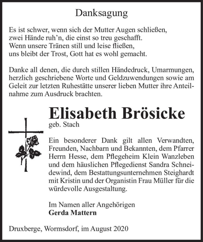  Traueranzeige für Elisabeth Brösicke (geb. Stach)  vom 08.08.2020 aus Magdeburger Volksstimme